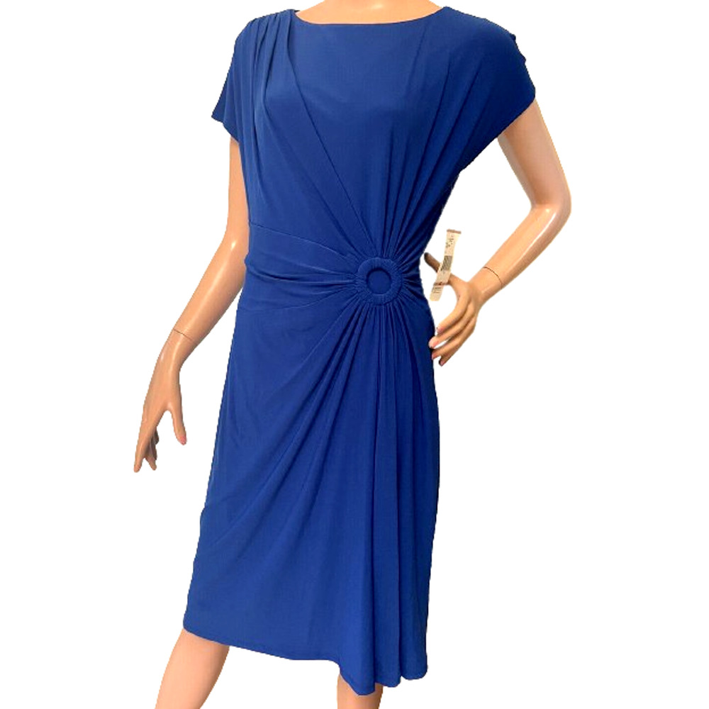 Jones New York Knit Dress Sz 12 Marine Blue Side Shirred Cap Sleeve NWT $128